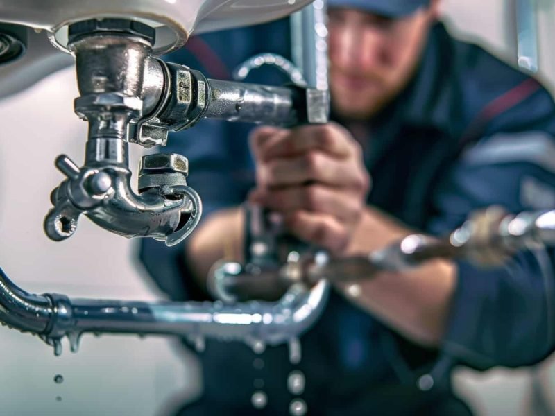 Plumber fixing sink pipe with wrench, showing leak repair, drain replacement, and pipe cleaning